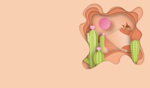 Papercut-style miniature scene of a Bedouin on a camel on gold-beige backdrop