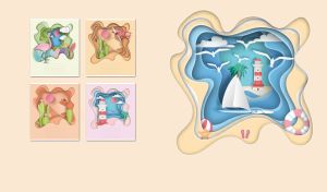 Papercut-style miniature of gulls, lighthouse and a sailboat on pale yellow backdrop