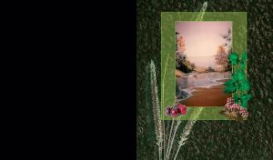 An oil painting of an autumn river landscape against a pine-green stone wall