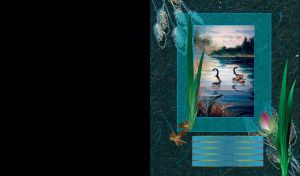 An oil painting geese in the blue pond against a navy blue marble wall