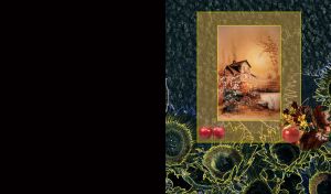 An oil painting of a country house in the golden autumn against a graphite wall