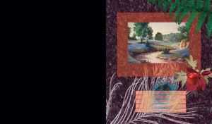 An oil painting of a spring river landscape, against a burgundy stone wall