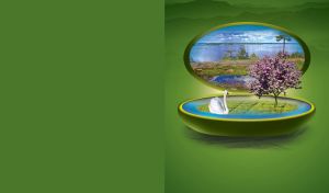 Magic box miniature of a wide lake and a white swan by the pink tree on green