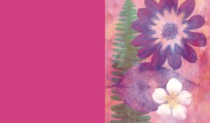 A watercolor painting of purple and white flowers, a green fern, and a purple leaf