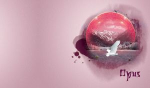 White bird flying over a lake, in the snowy mountain landscape and a pink sphere