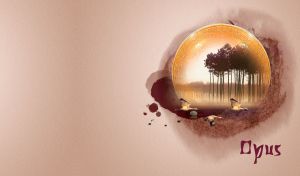 Three beige birds fly across the landscape of a forest and a golden greek sphere