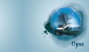 A white bird flying over a river, in the landscape of forest and a blue sphere