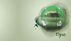 Two white birds by the riverbank, in the landscape of forest, and a green sphere