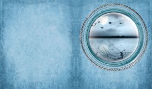 Picture of geese migration in the light of the full moon on the pastel blue wall