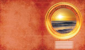 Picture of the golden sunset in the ocean, on the pastel red wall