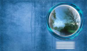 A picture of a green trees on the bank of a river on the pastel blue wall