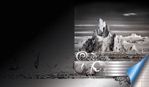 High rock in the middle of a stone desert valley in black-and-white