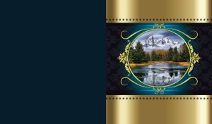 Mountain river in the winter forest in a round ornate frame on a dark blue wall