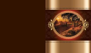 Spring sunset over the countryside in a round ornate frame on a dark red wall