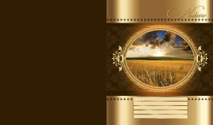Sunrise over the summer wheat field in a round ornate frame on a dark brown wall