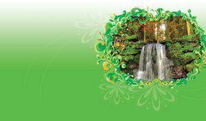 Waterfall flows over rocks in an ornamental frame on white to green gradient