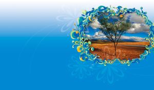 Lone tree in the ocher field in an ornamental frame on white to blue gradient