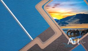 Horses drink water at sunset in a frame on a grey and blue square art design