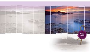 Panorama of a foggy lake at sunset on a pastel purple and white backdrop
