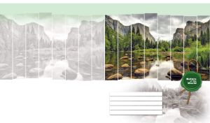 Panorama of a stone lake, forest and cliffs on pastel green and white backdrop