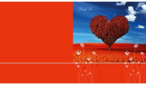 A lonely heart shaped tree in an orange blooming field against a red backdrop