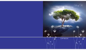 A lonely green tree on a rock ledge on a cloudy night against a blue backdrop