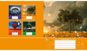 Sawn into pieces lonely tree levitates in an autumn field against an orange backdrop