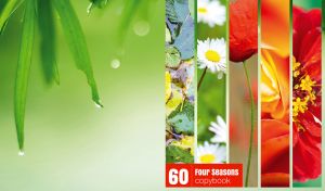 Five-panel collage captures flowers, buds and autumn leaves on green background