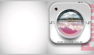 Lake Retba captured through a lens of a white square camera