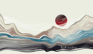 Abstract wavy landscape with dark red sun on pastel white