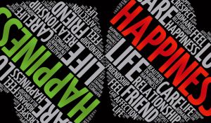 Heart-shaped positive thinking word cloud against a black background