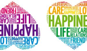 Colorful heart-shaped positive thinking word cloud against a white background