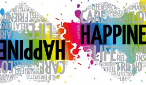 Heart-shaped positive thinking word cloud on a white backdrop with rainbow blots