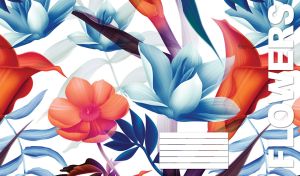 Digital floral illustration of large pastel blue lotus and orange tropical flowers