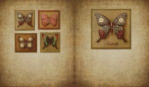 Butterfly with olive and brown batik wings in a frame on a burlap texture