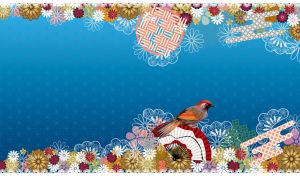 Red-winged laughingthrush on a blue tapestry background with oriental motifs