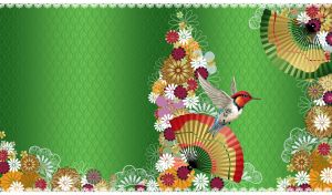 Hummingbird on a green tapestry background, embellished with oriental motifs