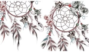 Boho hand drawn dreamcatchers with feathers and flowers on white