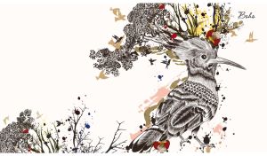 Boho hand drawn bird with patterned feathers on white