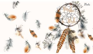 Boho hand drawn dreamcatcher with orange feathers on white