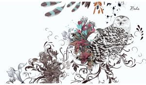 Boho hand drawn owl, swirls and flowers on white