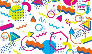 Seamless colorful abstract geometric shapes and doodles on white