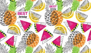 Seamless colorful sketches of exotic fruits on white