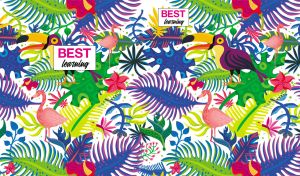 Seamless colorful toucans and flamingos among tropical leaves on white