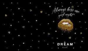 Stylized sparkling lips on a black backdrop with diamonds and stars