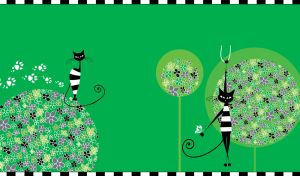 Vintage black cat swings on a rope on a green backdrop with abstract flower ball