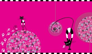 Vintage black cat stretches on a fuchsia backdrop with abstract flower ball