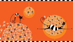 Vintage black cat lies against a flower ball on an orange background