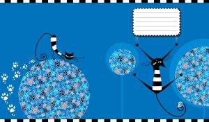 Vintage black cat scratches the blue background with flower balls