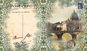 Stone bridge and a cathedral framed with a floral stencil on a vintage postcard